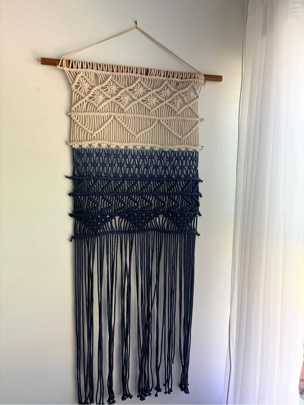 Boho Macramé Wall Hanging Navy Blue & Cream 42” x 21”
